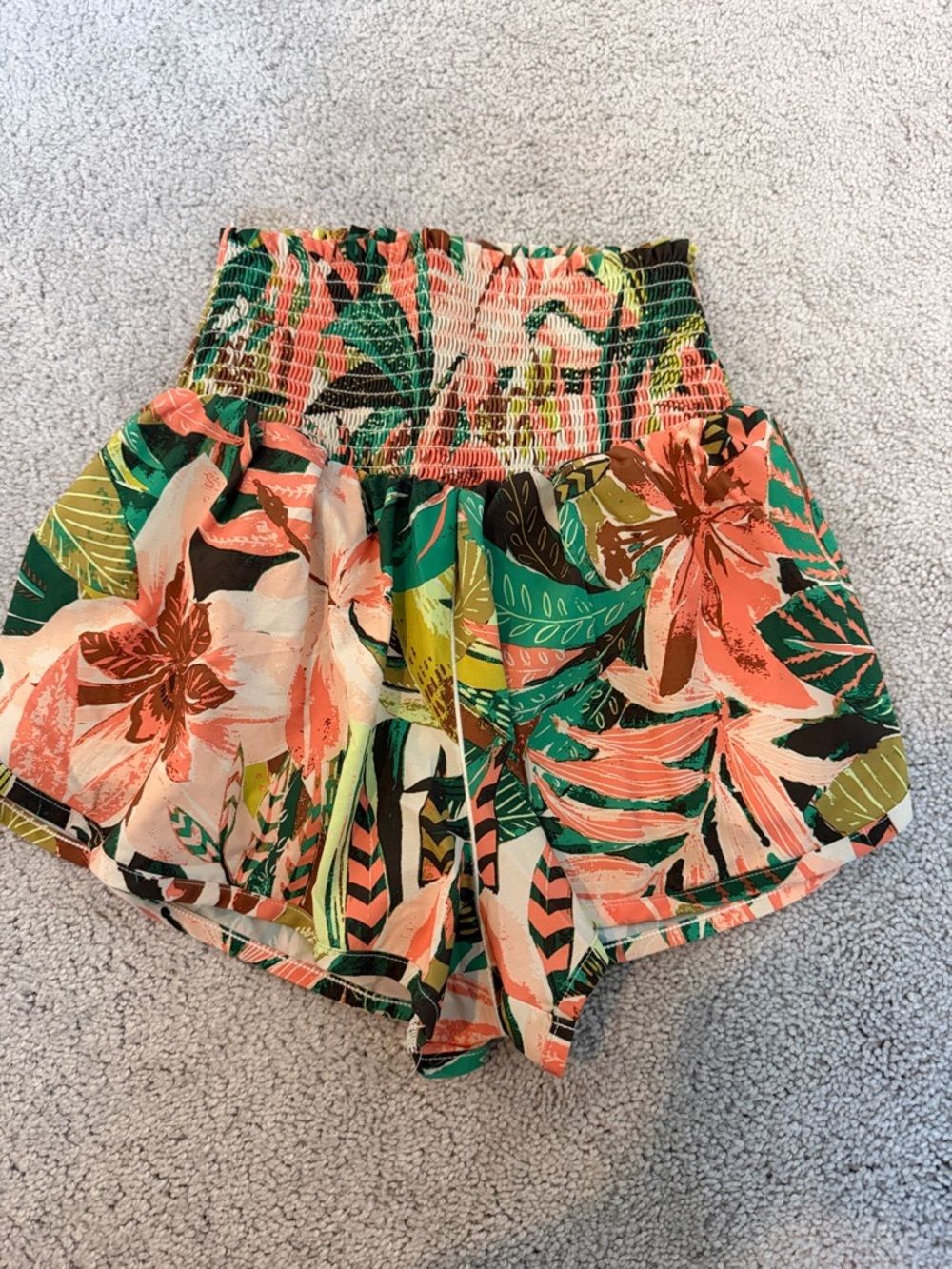 aerie Tropical Floral Smocked High-Waist Shorts — Coral & Green